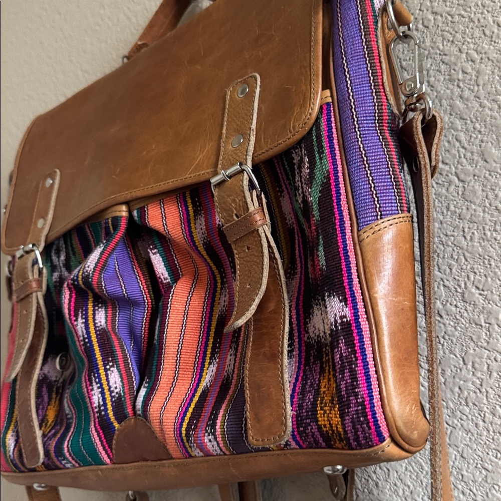 Nena & Co. Brown Leather & Multicolor Woven Backpack Satchel - Picture 2 of 13